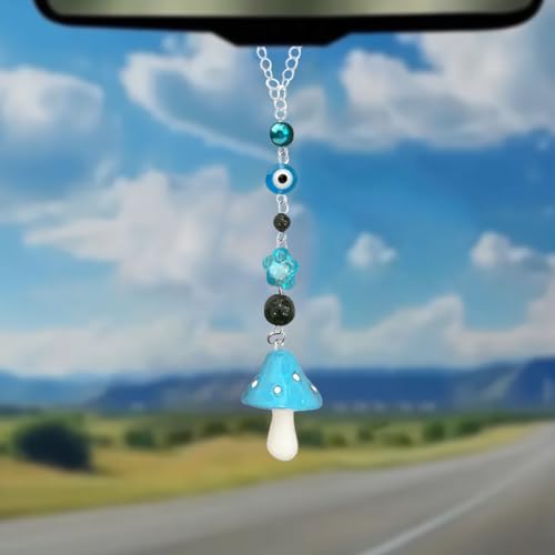 Tuxihapp Mushroom Car Rear View Mirror Charm - 8.1'' Long Lucky Mushroom Evil Eye Pendant Car Rearview Mirror Hanging Ornament - Hand-Painted Beads Vehicle Interior Decoration for SUV, Truck (Blue)