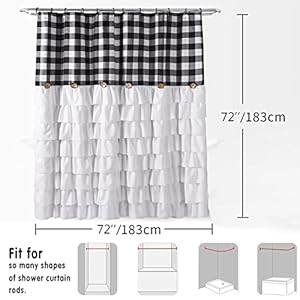 Country Buffalo Plaid Farmhouse Ruffled Bath Shower Curtain with Vintage Buttons, Rustic Decorative Fabric Shower Curtain for Guest Bathroom, 72" x 72", Black and White Country Buffalo Plaid Farmhouse Ruffled Bath Shower Curtain with Vintage Buttons Rustic Decorative Fabric Shower Curtain for Guest Bathroom 72 x 72 Black and White