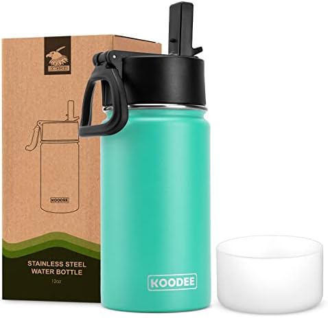 koodee Kids Water Bottle-12 oz Stainless Steel Double Wall Vacuum Insulated Water Bottle for School-Wide Mouth Flask with Straw Lid (Teal)