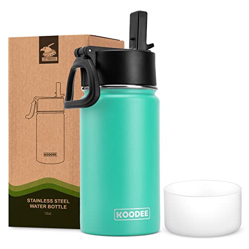 Koodee Kids Water Bottle-12 Oz Stainless Steel Double Wall Vacuum Insulated Water Bottle For School-Wide Mouth Flask With Straw Lid (Teal) #TOP2