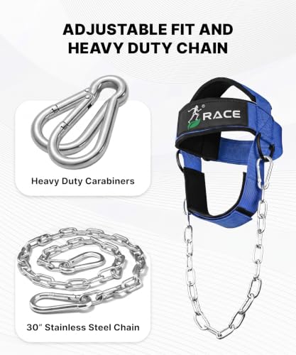 Image of RACE Neck and Head Strengthening Equipment Weight Harness Thick Padded Adjustable Strap with Heavy Duty Steel Chain & Rings for Gym Crossfit Fitness Training Injury Rehab (BLUE)