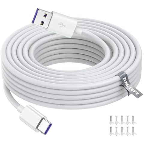 ASKUBSKU 5M/ 16FT USB to USB C Power Cable for CCTV Camera, Type C Power Extension Cable for Xiaomi Mi Security Camera Outdoor Indoor Cord with 10 Wire Clips Cable Nails, White Cover