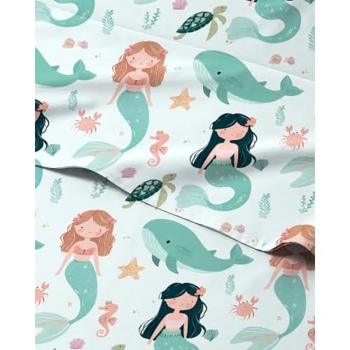 Kids Queen Size Mermaid Bed Sheets - 4 Piece Kids Mermaid Sheet Set - Ocean Sea Bedding - Ultra-Soft, Cute & Cozy - Breathable & Machine Washable - Underwater Bed Set for Boys, Girls, Teens