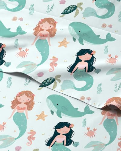 Image of Kids Twin Size Mermaid Bed Sheets - 3 Piece Kids Mermaid Sheet Set - Ocean Sea Bedding - Ultra-Soft, Cute & Cozy - Breathable & Machine Washable - Underwater Bed Set for Boys, Girls, Teens & Toddlers