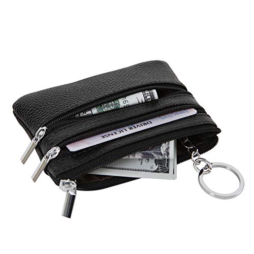 Vrouwen echt lederen portemonnee Mini Pouch verandering portemonnee met sleutelhanger, Zwart, Eén maat, Minimalistisch - Image 5