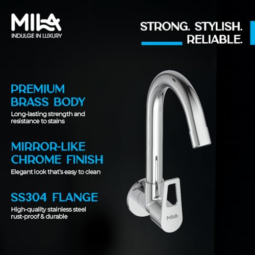 Image of Mila Floro Brass Kitchen Sink Tap | Wall Mount Cold Water Faucet with 360 Swivel Spout & Lever Handle | Mirror Chrome Finish | Durable Brass Body | Leak-Proof & Corrosion-Resistant | 12-Year Warranty