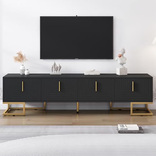 Ball & Cast Modern TV Stand with Storage Cabinets for TVs up to 80 Luxury Media Console w/Metal Legs & Gold Handles Geometric Lines & Adjustable Shelf Entertainment Center for Living Room Black