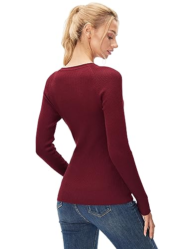 Image of AmelieBoutik Women Crewneck Criss Cross Raglan Long Sleeve Ribbed Sweater(Red Medium)