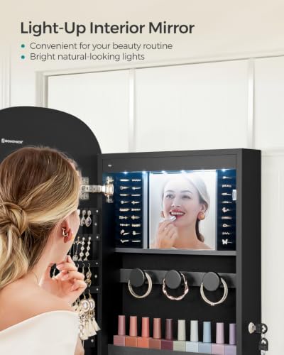 Image of SONGMICS Jewelry Organizer, LED Jewelry Cabinet Wall /Door Mounted, Lockable Rounded Wide Mirror with Storage, Interior Mirror, 3.9 x 16.5 x 42.5 Inches, Black Surface with Black Lining