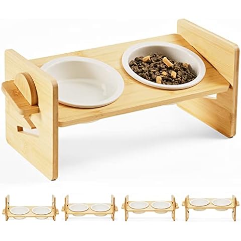 HICC PULE Elevated Pet Bowls for Cats & Small Dogs, Natural Bamboo with Ceramic Raised Small Dog Bowls, Cat Food Dish Bowls Elevated and 15° Tilted, Whisker Friendly, Dishwasher Safe Cover