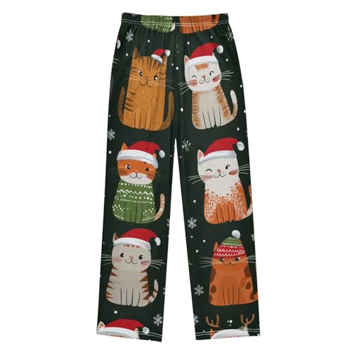 Cat with Xmas Hat Boys Long Pants Soft Trousers Elastic Waist Kids Lounge Bottoms with Pockets S-XL2