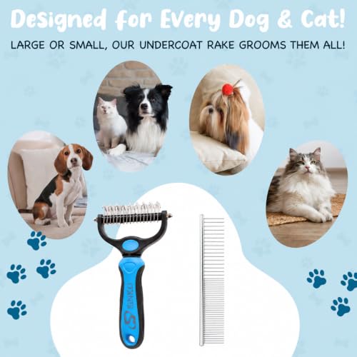Image of Sinko Shedding Brush for Dog and Cat, Undercoat Rake & Comb with Extra-Wide Double-Sided Stainless Steel Teeth for Deshedding, Brushing, Removing Loose Fur, Knots, Mats & Tangles in Pets (Blue)