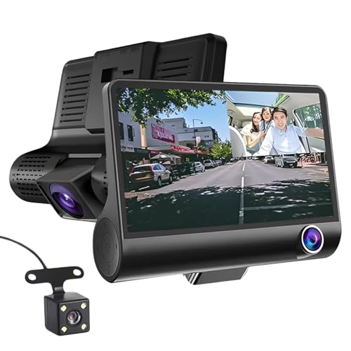 Image of 3 Channel Dash Cam Front Inside Rear 1080P Car Camera with 4 Inch IPS Display, 170 Wide Angle, Loop Recording, G-Sensor, Parking Monitor, Night Vision Dashcam for Car Security