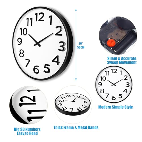 Image of Crosstime 20 Inch Large Wall Clock - Big 3D Numbers Easy to Read, Battery Operated Silent Non-Ticking, Analog Quartz Round Clock