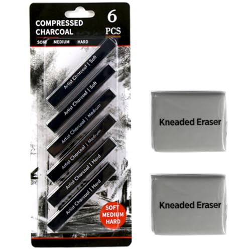 Compressed Charcoal Sticks 6 PCS, Kneaded Rubber Erasers Large Si...