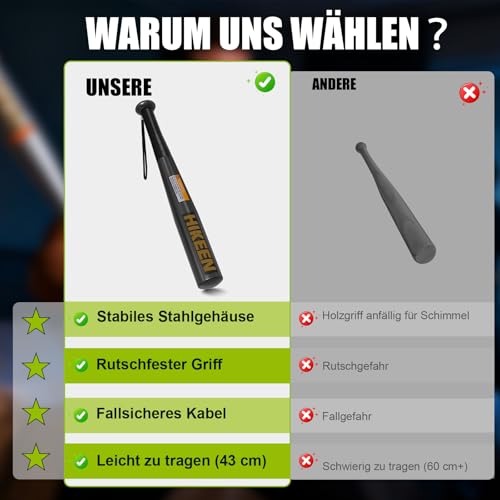 BOOSTEADY Baseballschläger aus robustem Stahl mit Rutschfester Griff und Paracord-Handschlaufe und 43cm für unterwegs, Schwarz
