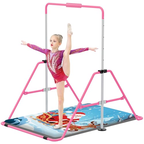 Jivifao Gymnastics Bar with Self-Inflating Mat for Kids, Adjustable Height Gymnastic Horizontal Bars with Mat, Folding Gymnastic Training Monkey Bars, Junior Expandable Training Kip Bar for Home