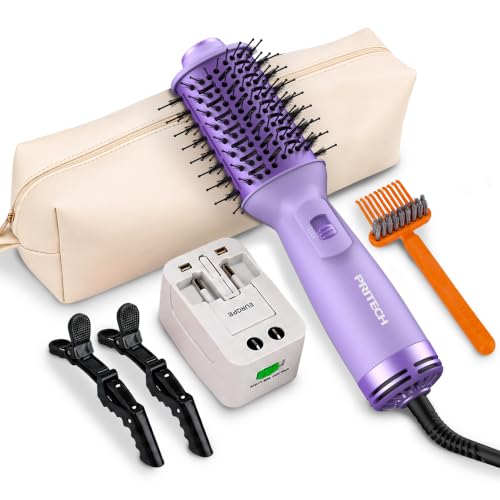 Image of PRITECH Auto Dual Voltage Hair Dryer Brush for Travel,Ionic Hair Styler | 110-240V Mini Hot Air Brush,Blow Dryer Brush in one,Volumizer Straightener Curler,Compact Lightweight Portable,Purple