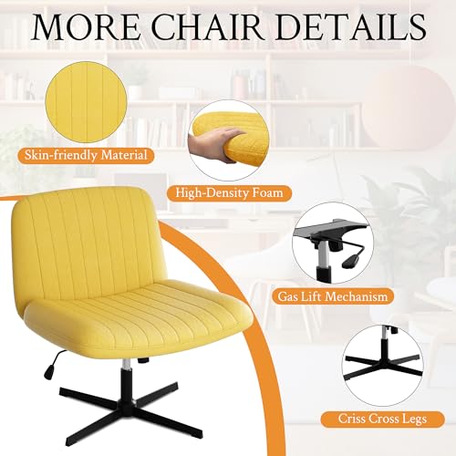 Image of Criss Cross Chair, Armless Cross Legged Office Chair No Wheels, Fabric Padded Office Chairs Height Adjustable Swivel Wide Seat Vanity Chairs for Home Office Bedroom (Yellow)