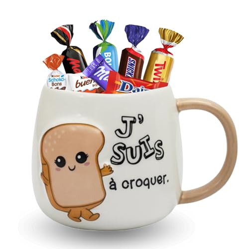 PRO DISTRI Mug Kawai 3D Brioche 40cl garni de 25 chocolats Célébrations, Kinder Shokobons et Mini-Bueno, Milka et Daim | Idée Cadeau Gourmand Pâques Anniversaire Fête des Mères