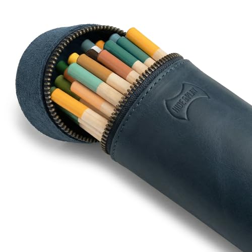 Image of Hide & Play, Pencil-Shaped Case for Pens, Pencils, Markers, and Office Accessories, Zippered Bag, Pen Storage, Full Grain Leather, Handmade (Slate Blue)