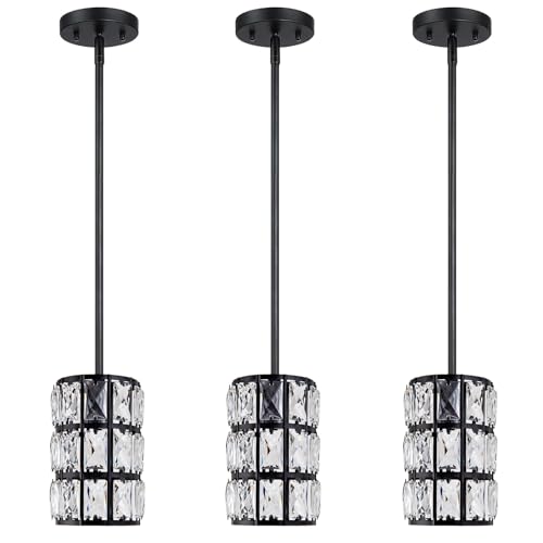 CALDION 3Pack Black Modern Pendant Light, Mini Crystal Pendant Lights, Adjustable Hanging Ceiling Light Fixtures for Kitchen Island Dining Room Bedroom Hallway Bar