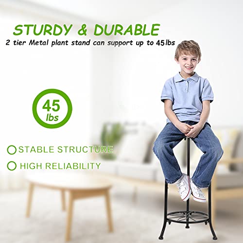 Plant Stands Indoor, Metal Potted Plant Stand Outdoor, 2 Tier Tall Patio Flower Pot Stand Corner, Anti-Rust Heavy Duty Multiple Holder Shelf Rack 20.3" (Black) #TOP3