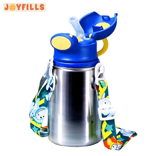 Image of JOYFIILS 2 in 1 Kids Sipper Cum Water Bottle with Cup - Stainless Steel Sipper Water Bottle for School, Play & Travel - Leak-Proof, BPA-Free- Sipper for Girls, Boys, Toddlers - 500 ML - Blue Deer