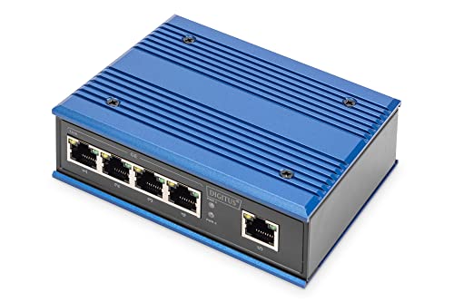 DIGITUS Conmutador de Red - Gigabit Ethernet de 5 puertos - Montaje en carril DIN - Bloque de terminales - Sin ventilador - Negro/Azul
