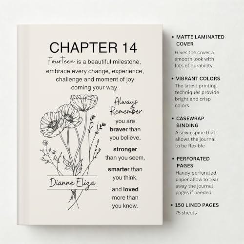 Personalized 14th Birthday Journal, Custom Name Birth Flower Notebook, Hardcover Floral Writing Diary, Matte Lined Journal Gift for Daughter, Granddaughter, Niece, Sister or Best Friend - ABDAY14_9 - Image 7