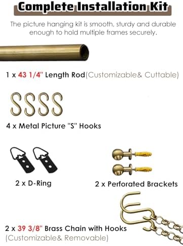 Brass Picture Rail Hanging System with Adjustable Chain & Hooks, Heavy Duty Mirror Display Kit for Drywall & Cement Walls, 75 Inch (191cm) Wire for Art & Decor