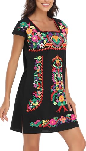 YZXDORWJ Women Mexican Embroidered Dress Ruffle Collar Sleeveless3