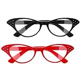 JJUNW 4Pcs Cat Eye Glasses with Rhinestones, Retro 50's 60's Party Costume Glasses for Halloween Cossplay Hip Hop Dress up Party Gifts(2 colors)