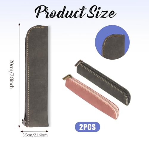 Image of Leather Pencil Case, 2 Pcs Slim Design Small Pen Pouch, Portable Cosmetic Bag for Purse with Zipper, Flat Soft Simple Makeup Bag Lipstick Case for Women, Office, Travel, Outdoor (Grey, Pink)