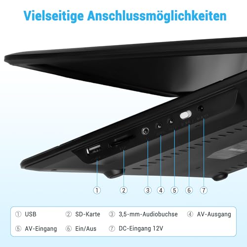 Tragbarer 17,5'' DVD Player mit 15,6'' drehbarem HD-Display – 8 Stunden Akkulaufzeit, Unterstützung für mehrere Formate, SD/USB, TV und mit Speicherfunktion, Stereo-Lautsprecher, Schwarz