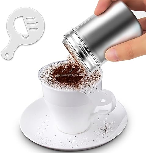 2 Pcs Chocolate Shaker for Cappuccino Seasoning Sugar Spice Shaker Sifter Stainles Steel Salt Coffee Dispenser Duster Cinnamon Flour Shaker for Baking for Kitchen with 16 Printing Moulds Stencils - Image 4