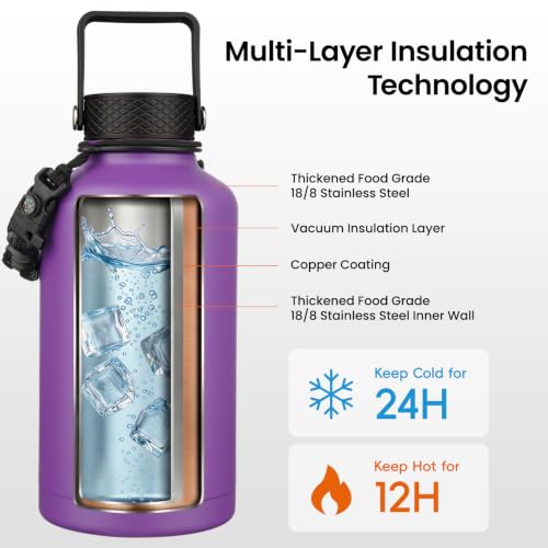 Image of Konokyo Half Gallon Insulated Water Bottle with Straw,64 oz 3 Lids Water Jug with Carrying Bag,Paracord Handle,Double Wall Vacuum Stainless Steel Metal Flask,Purple