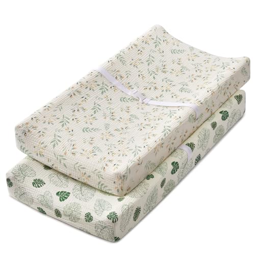 Image of Blissful Diary Muslin Changing Pad Cover for Girls Boys, Ultra Soft Breathable Cotton, Baby Diaper Change Table Pad Covers, 2Pack (Leaf & Monstera Leaves)