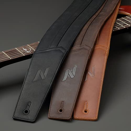 Nefelibata 3" Guitar Strap, Full Grain Leather, With Foam Padding And Cable Storage Loop, For Bass, Electric And Acoustic Guitars（Dark Brown） #TOP4