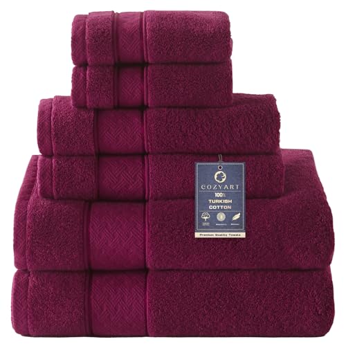 COZYART Burgundy 6 Pcs Bath Towel Set 100% Zero Twist Turkish Cotton 650GSM