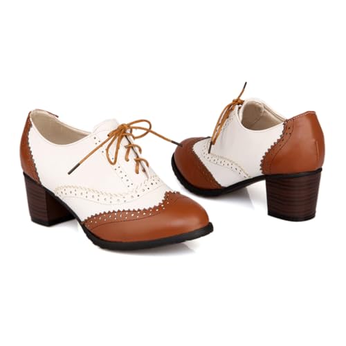 BEAUPAS Women's Chunky High Heel Lace Up Oxford Wingtip Pumps Block Heels Vintage Shoes3