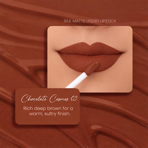 Image of Parul Garg Beauty Silk Matte Liquid Lipstick|Long-Lasting & Smudge-Proof|Soft Matte Finish|Vegan & Clean Beauty|Hydrates with Shea Butter & Vitamin E|Shade: Chocolate Cosmos 03 - Deep Brown, 3ml