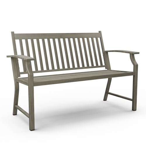 Amopatio Gartenbank mit Lehne Sitzbank wetterfest Metall Holzimitat Grau