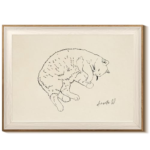 WHASAYART Framed Cat Wall Art Vintage Canvas Pictures Decor Farmhouse Animal Sketch Minimalist Line Pet Artwork Drawing Print for Home Living Room Bedroom Bathroom Nursery 12x16 Inch