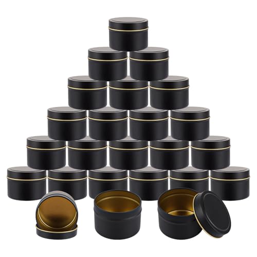 FWEEK 24 Stück Kerzendosen 120ml Kerzenbehälter Schwarz Leere Kerzendosen aus Metall Wiederverwendbare Runde Kerzenbehälter mit Schraubdeckel für Kerzen Tee-Süßigkeiten-Gewürze Handwerk