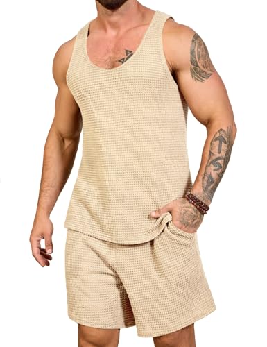 Mens Waffle Shorts Sets 2 Piece Outfits Sleeveless Summer Beach Tank Tops and Shorts Casual Loungewear Sets Suits