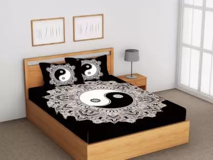 THB Mandala Printed Traditional Jaipuri Bedsheet 450TC with 2 Pillow Covers (Multi Black) 2