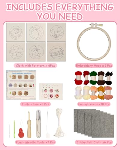 Image of Punch Needle Kit for Beginners Adults Kids, 6 Pattern Embroidery Punch Needle Kits, Easy Needle Punch Embroidery DIY Kit Set Tufted Rug Punch Decoration with Patterns, Tools, Yarns, Hoop, Instruction