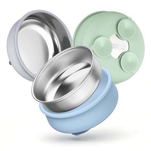 HaWare Baby Bowls with Suction Stainless Steel Toddler Bowl with Removable Silicone Sleeve Non-Slip Child Food Bowl with Silicone Suction Unbreakable Kids Bowls for Feeding Blue+Green+Grey 3 Pack