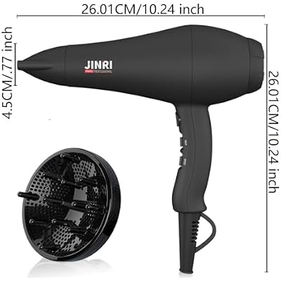 JINRI Hair Dryer, 3 Heat & 2 Speed, 1875W, with Diffuser, with Concentrator, Ionic Technology & Infrared - Black, Detachable Air Intake, Non-Foldable, Hanging Strap, 125V, JR-104